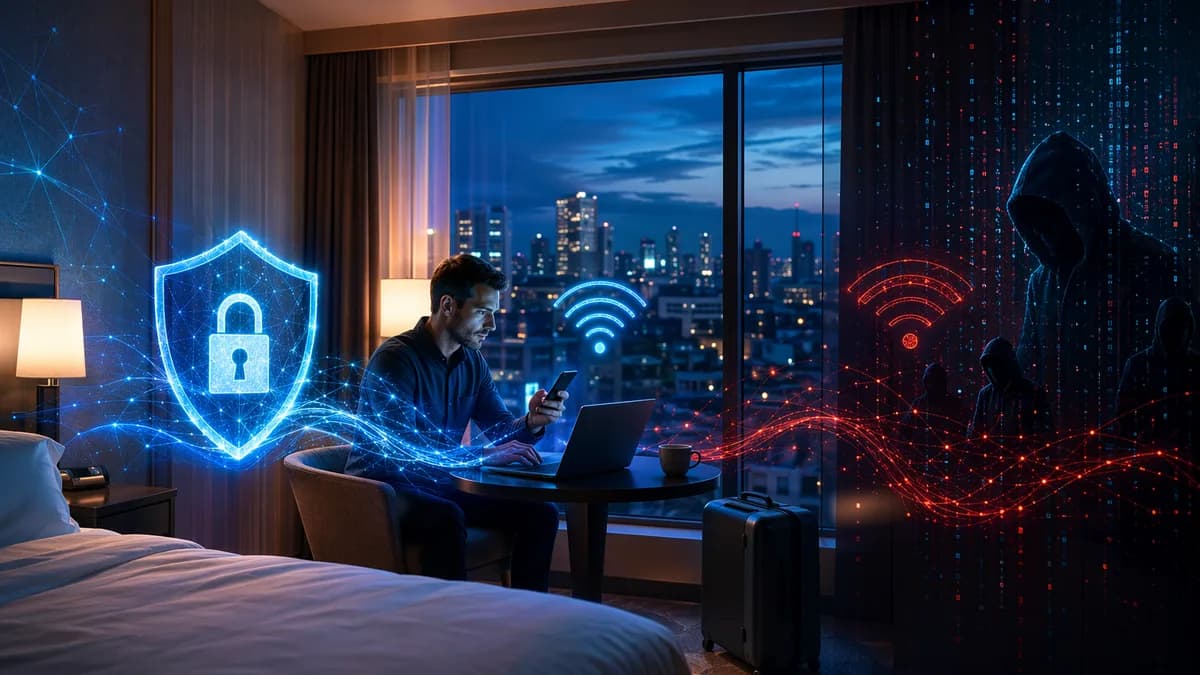 Traveler’s devices protected by a glowing VPN shield against risky hotel Wi-Fi threats.