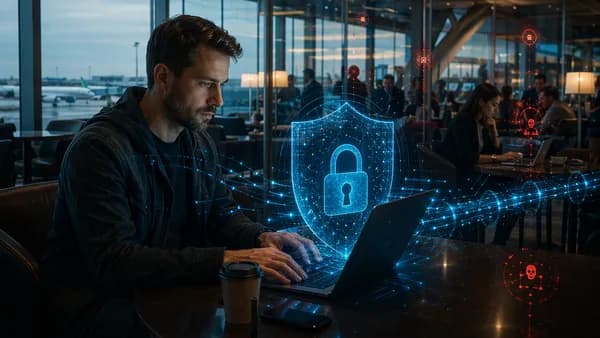 Remote worker on public Wi-Fi protected by a digital VPN shield amid cyber threats