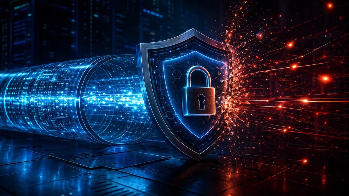 Digital shield blocks network leaks during a sudden VPN tunnel drop in a dark cybersecurity scene.