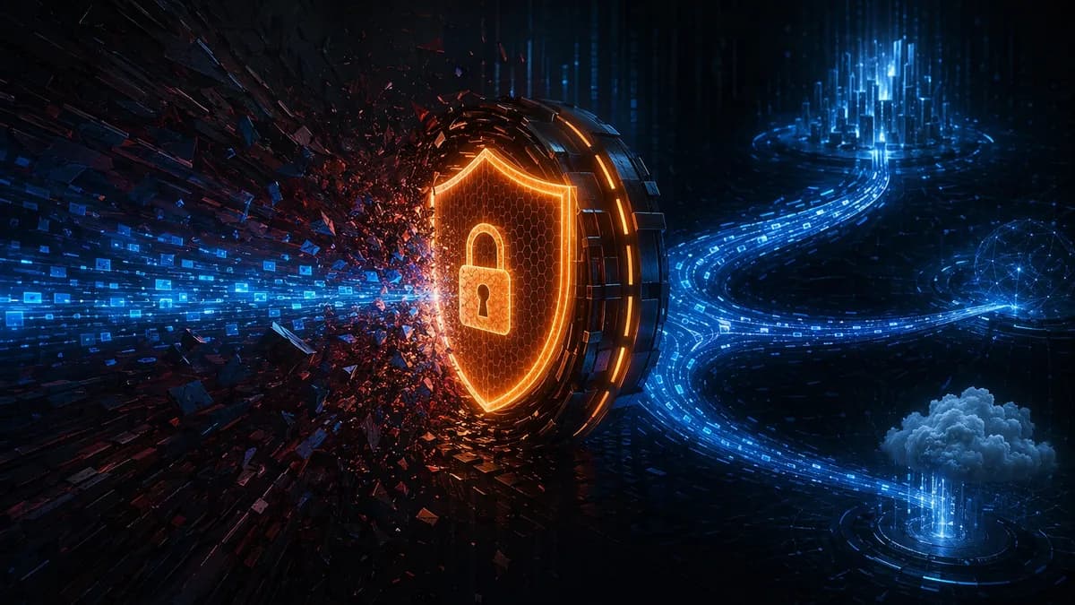 Glowing security shield blocks leaking data streams in a dark VPN network scene.