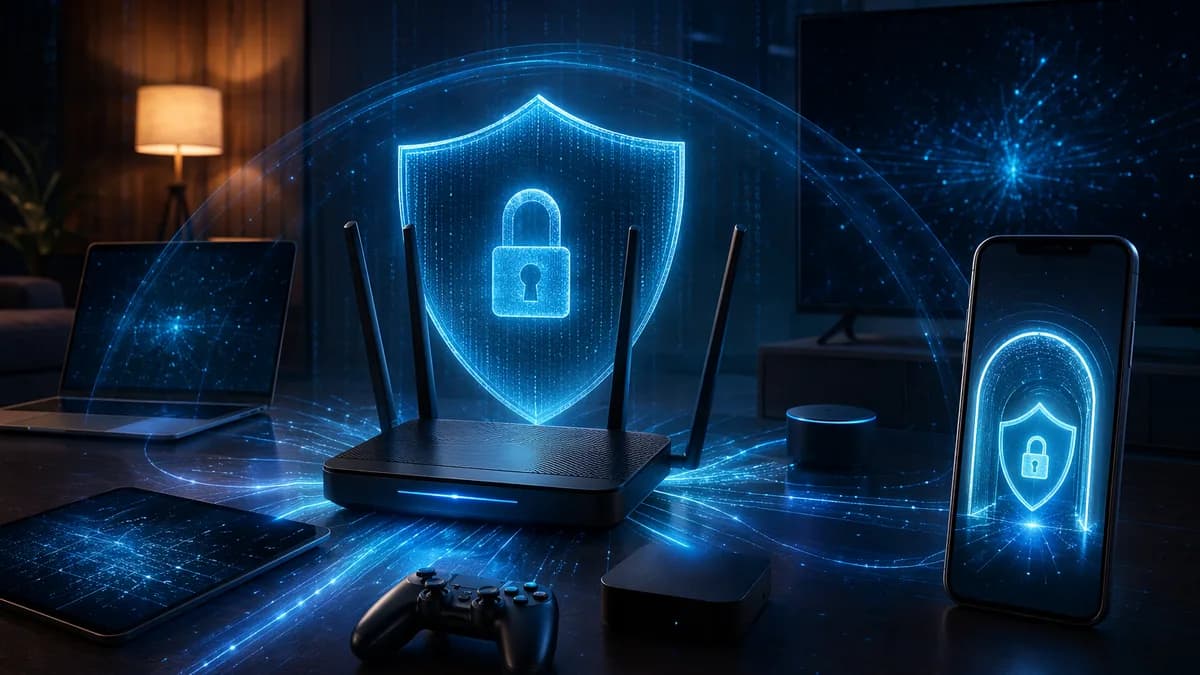 Home router and phone protected by glowing VPN shields over encrypted data streams.