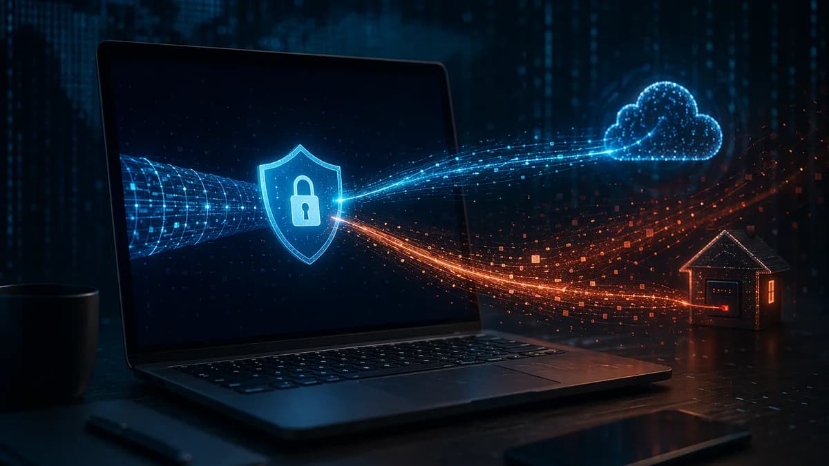VPN split tunneling visual with protected and exposed data streams revealing a privacy risk.