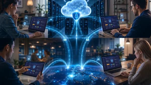 Remote team devices connected through secure VPN tunnels to protected SaaS dashboards and cloud infrastructure.