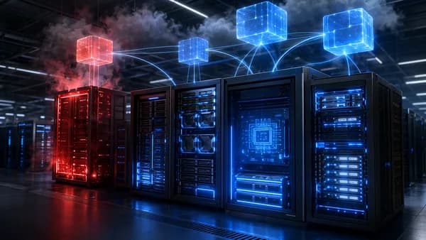 Overloaded budget VPS beside resilient Docker hosting infrastructure in a modern data center