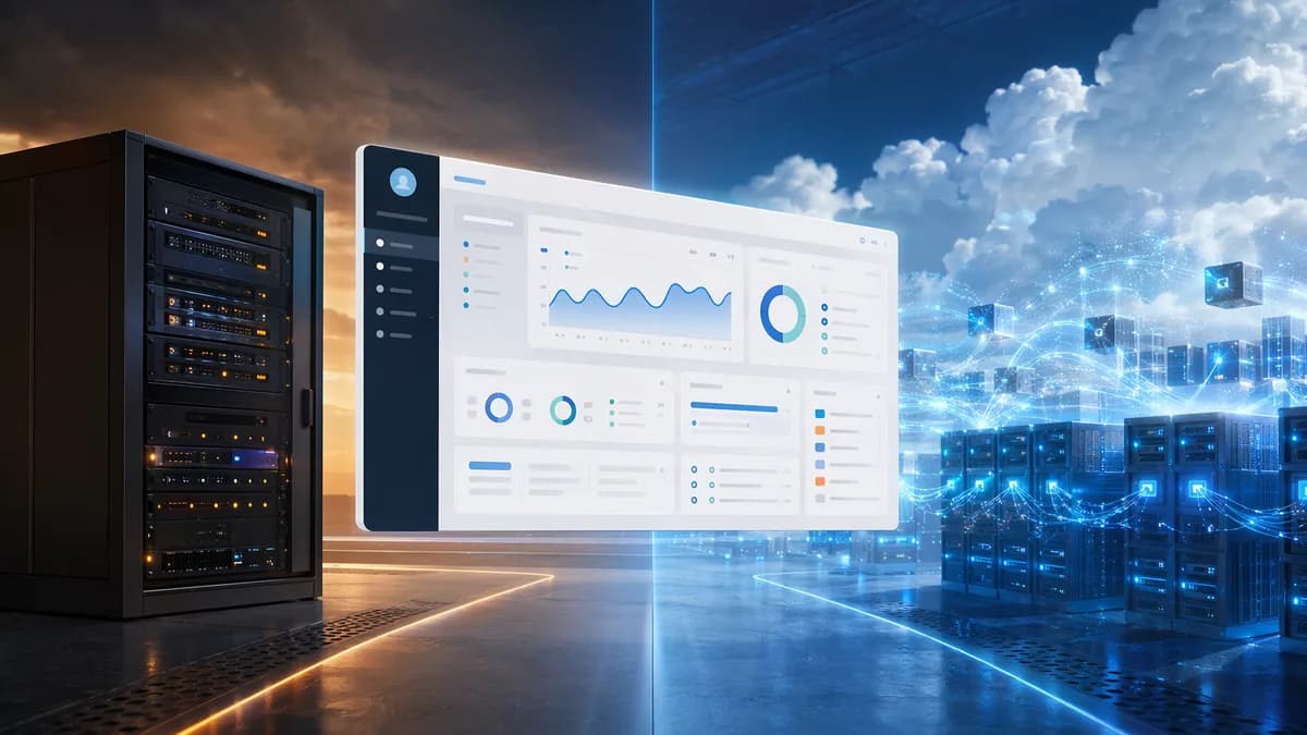 SaaS dashboard between VPS servers and scalable cloud infrastructure, symbolizing hosting cost tradeoffs.