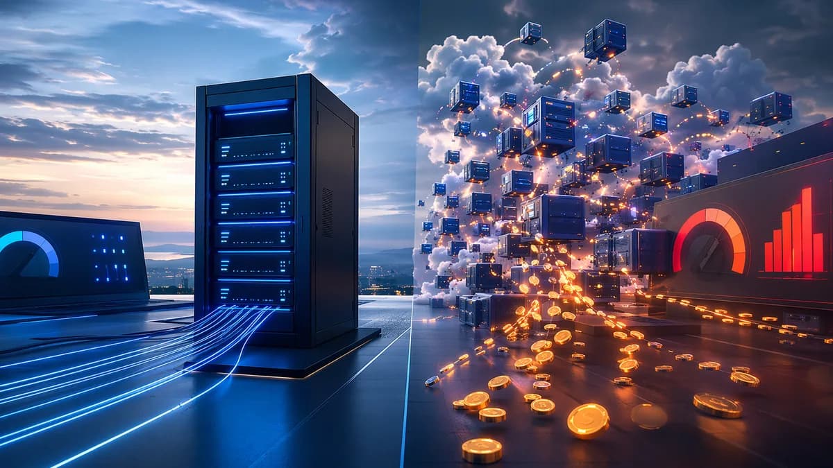 Abstract VPS and cloud hosting infrastructure showing hidden cost leaks and scaling complexity.