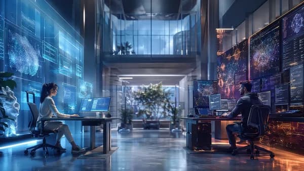 Two futuristic developer workstations contrast speed and power in a sleek AI tech workspace.