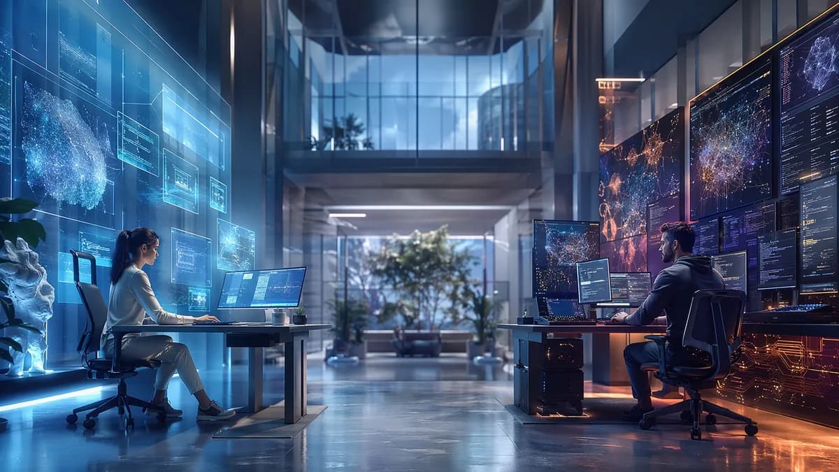 Two futuristic developer workstations contrast speed and power in a sleek AI tech workspace.