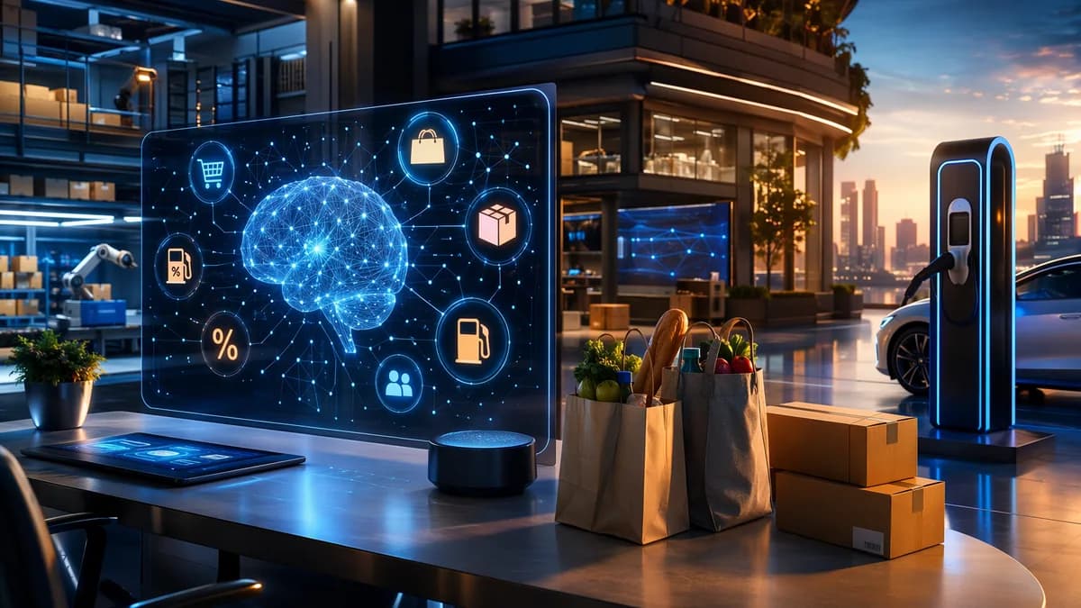 Futuristic retail membership scene with delivery bags, parcels, fuel perks, and glowing tech screens.