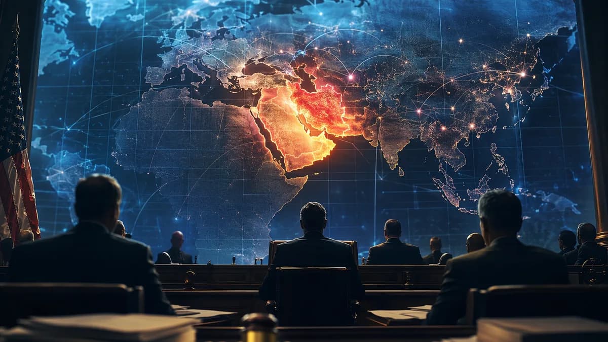 US Capitol silhouette facing a global map with Iran highlighted, symbolizing war powers and geopolitical tension.