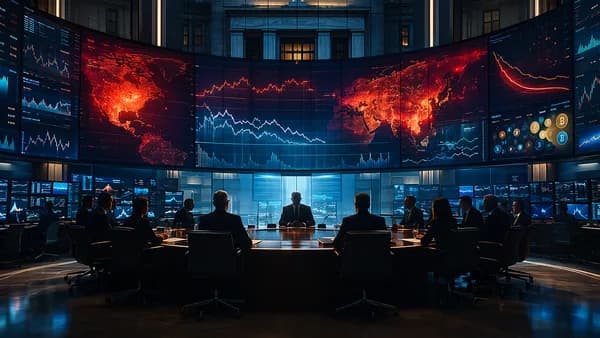 Fed-style trading floor with policymakers, market charts, and inflation-themed lighting signaling rate hike risk