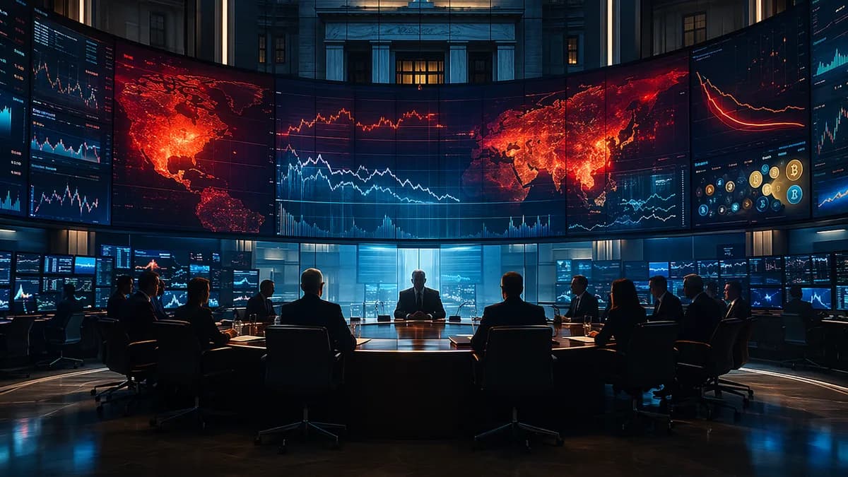 Fed-style trading floor with policymakers, market charts, and inflation-themed lighting signaling rate hike risk