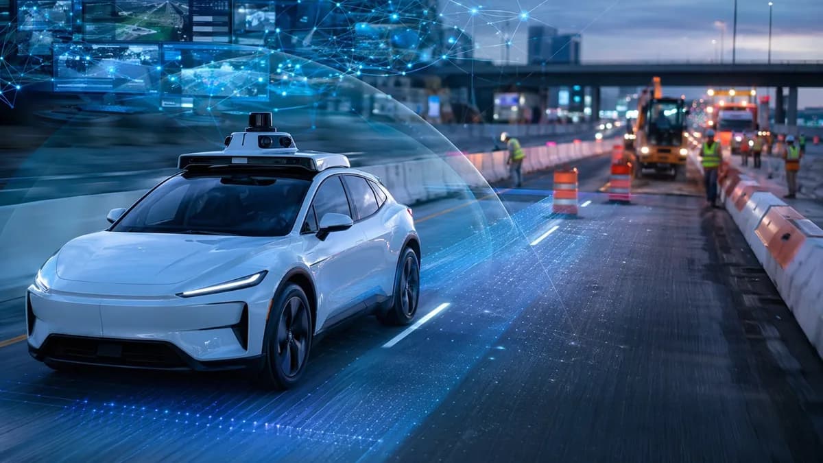 Driverless robotaxi approaching a freeway construction zone with AI sensor overlays.