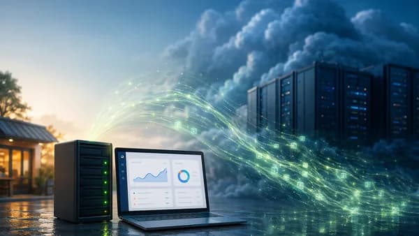Small website setup contrasted with oversized cloud hosting infrastructure, symbolizing wasted SaaS spending.