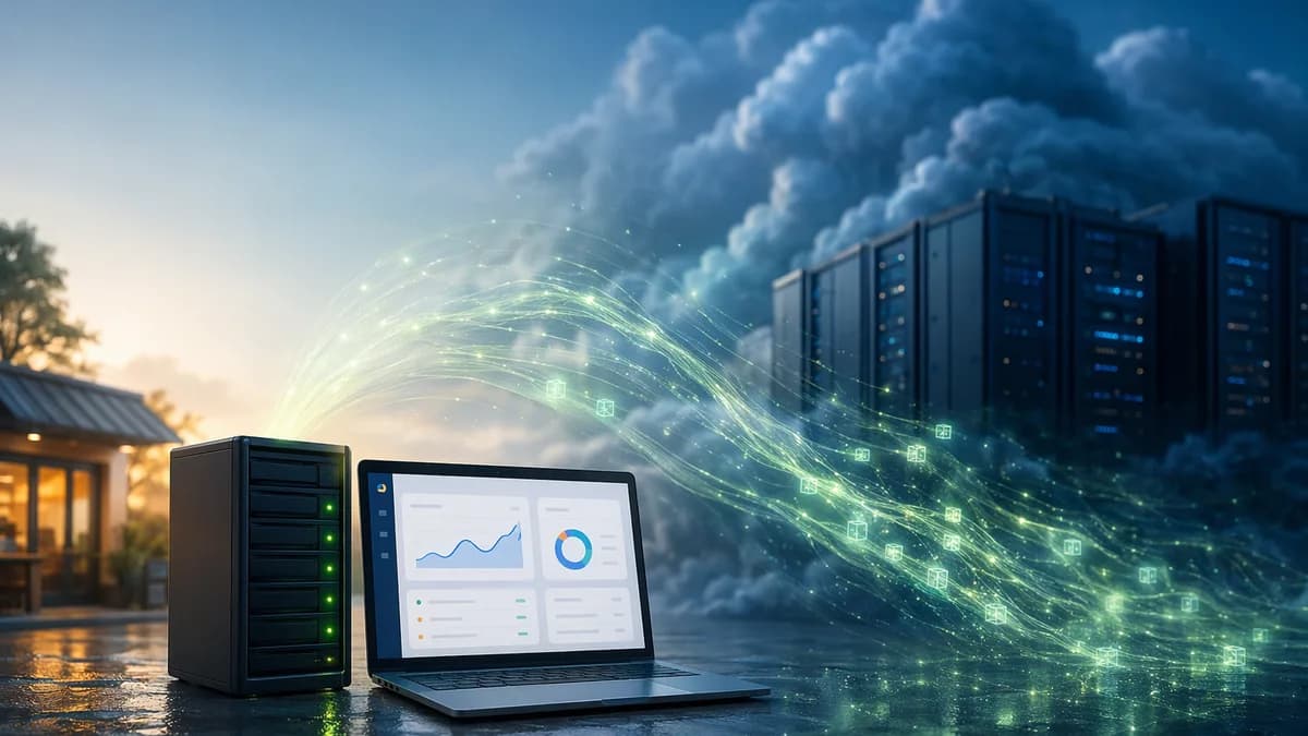 Small website setup contrasted with oversized cloud hosting infrastructure, symbolizing wasted SaaS spending.