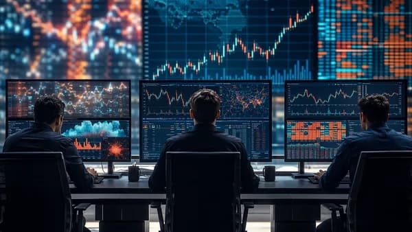 Active traders compare anonymous trading dashboards with abstract market data on a modern trading floor.