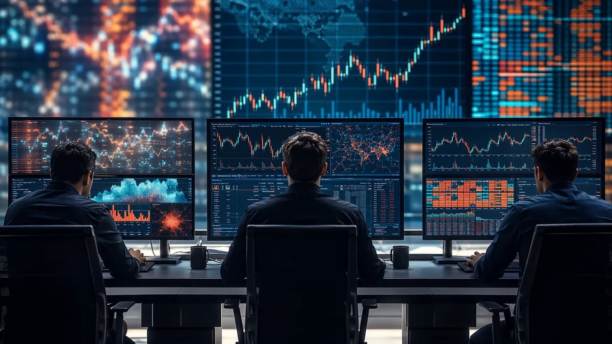 Active traders compare anonymous trading dashboards with abstract market data on a modern trading floor.