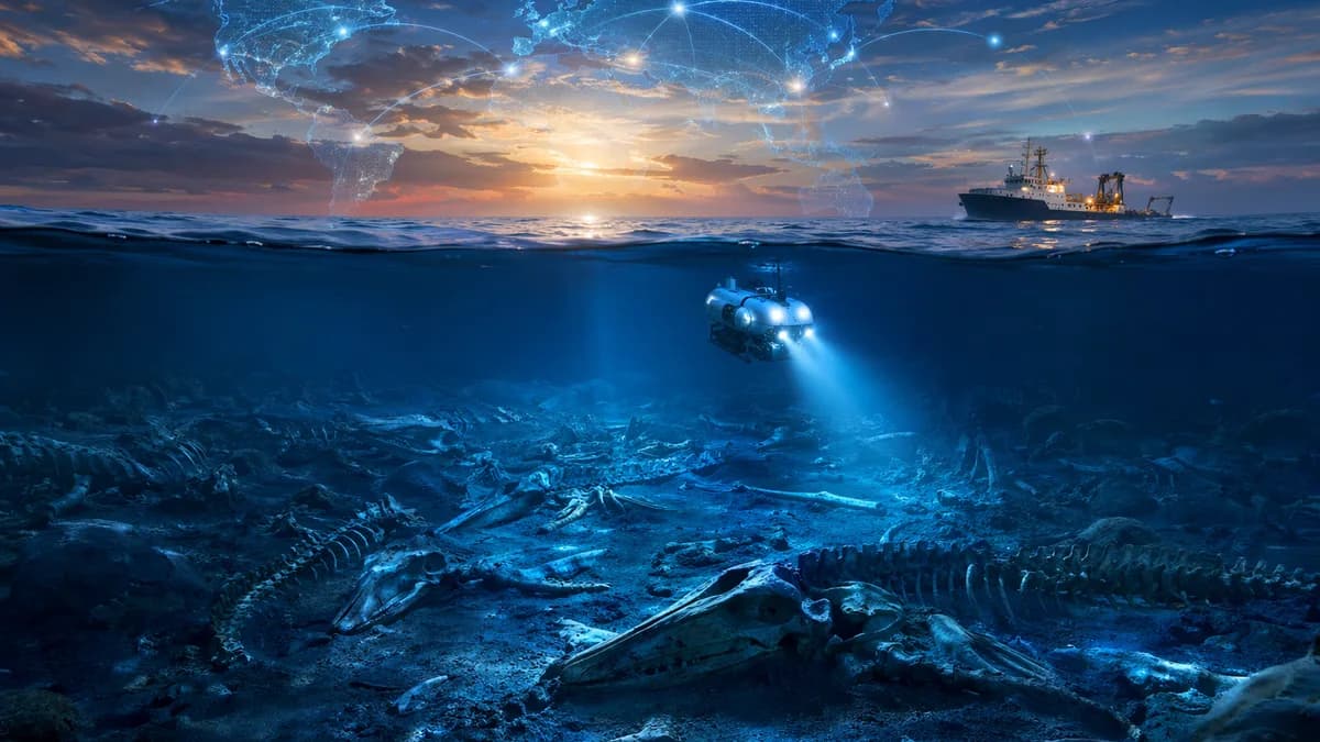 Ancient whale skeletons on the Indian Ocean floor with a subtle world map and global connection lines.