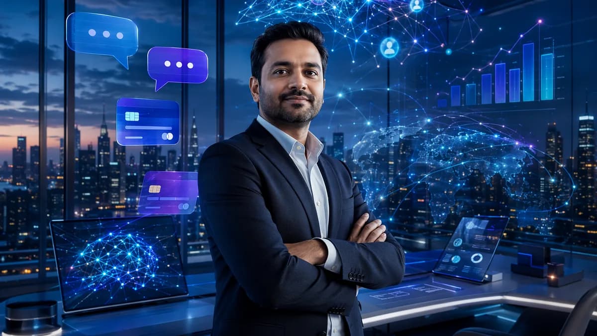 Indian tech executive in futuristic workspace with abstract messaging, fintech, and investment visuals.