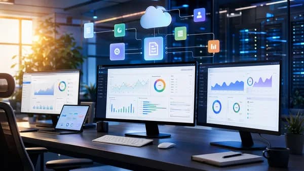 Agency workspace with automated white-label SEO reporting dashboards and cloud infrastructure