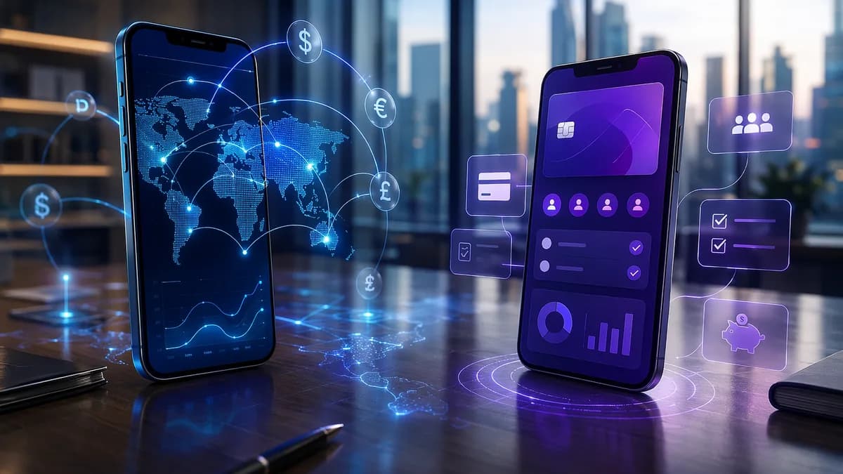 Two business banking apps contrasted with global FX flows and team expense card controls.
