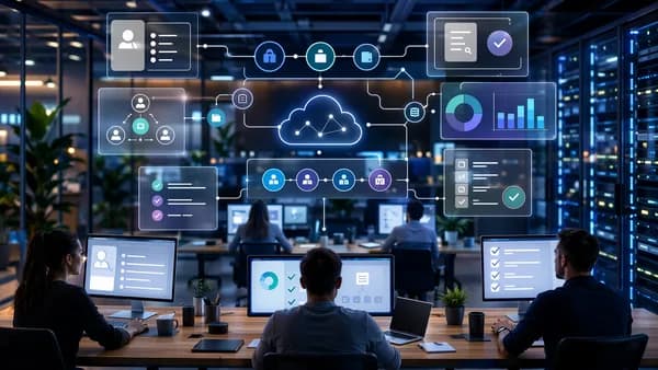 Agency workflow automation dashboard with cloud infrastructure and connected productivity panels