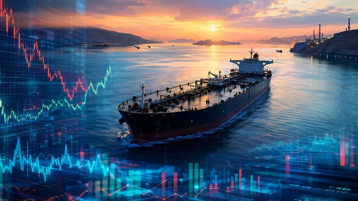 Oil tanker in a narrow strait with abstract market chart visuals, symbolizing WTI volatility.