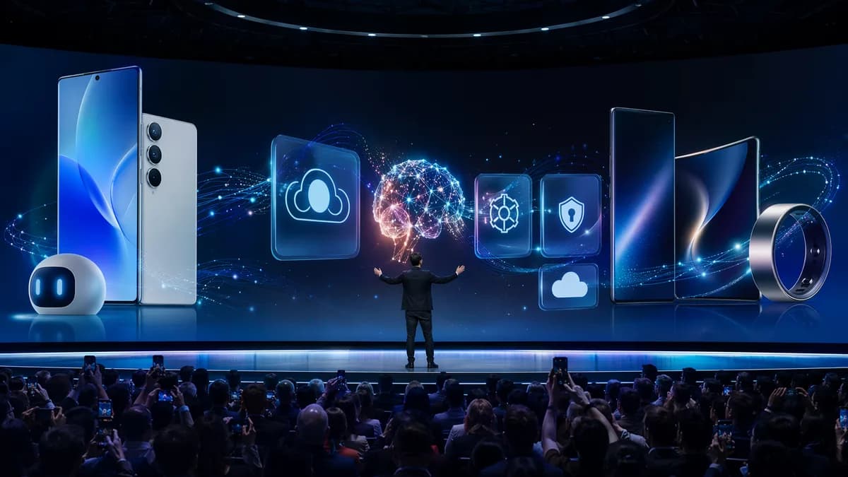 Keynote-style tech stage showing AI smartphone features and excited fans in a sleek futuristic setting.