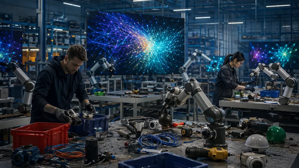 Technicians gather messy robot training data in a futuristic robotics lab with sensors and robotic arms.