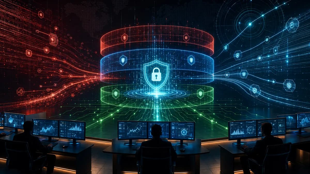 Futuristic SOC with layered cyber defenses protecting a glowing digital core