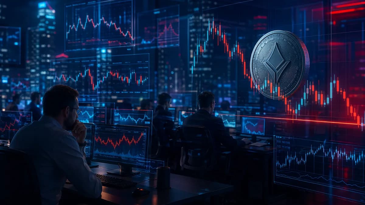 Generic crypto coin and market charts show XRP-like price pressure near support on a trading desk.