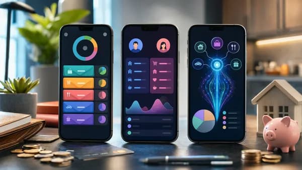 Three unlabeled budgeting app screens compare discipline, household planning, and automation in a fintech scene.