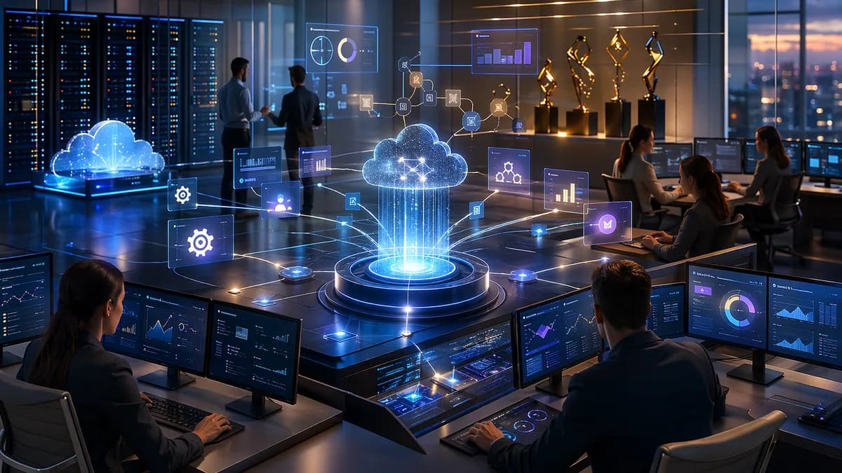 Enterprise SaaS automation dashboards connecting frontline teams with cloud infrastructure and award-themed lighting.