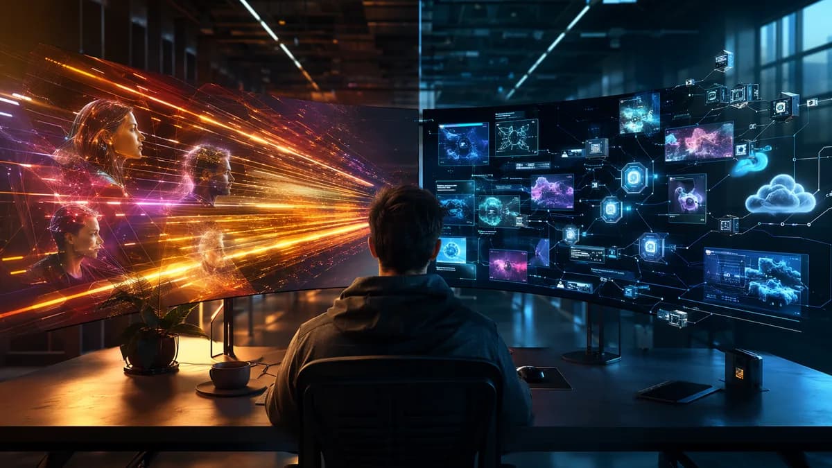 Futuristic split developer workspace showing speed and collaboration versus extensions and tooling.