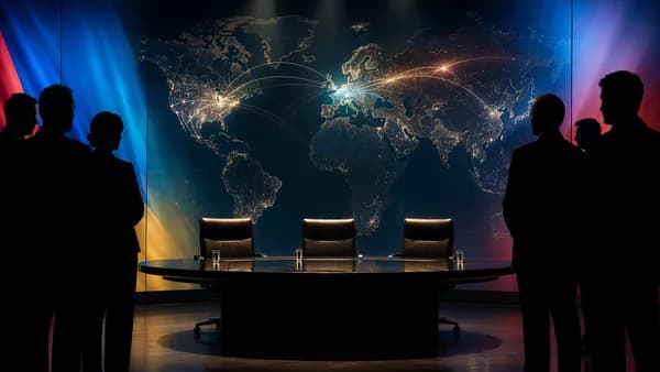 High-stakes diplomatic summit scene with world map and global connection lines.
