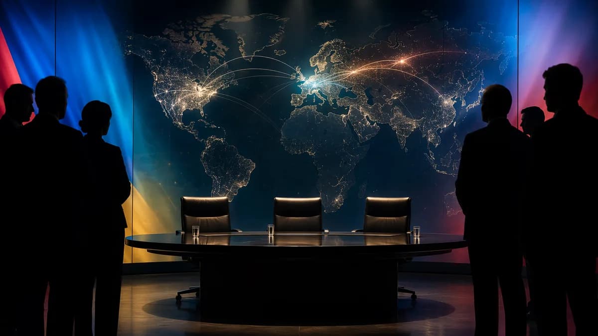 High-stakes diplomatic summit scene with world map and global connection lines.
