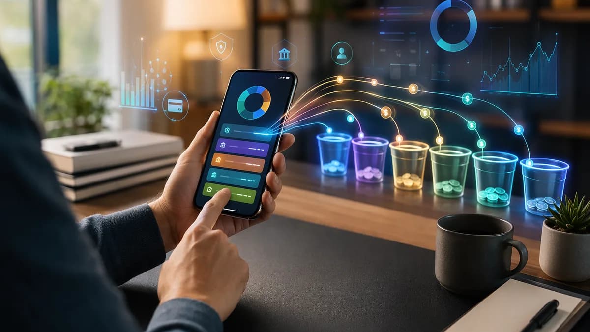 Person using a budgeting app with abstract money flows and clean digital finance visuals.