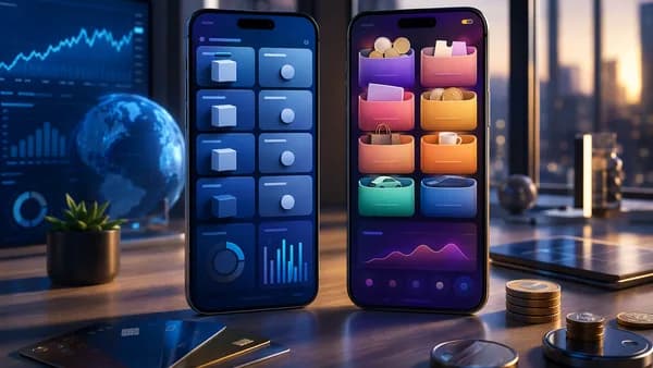 Two budgeting app concepts on smartphones, contrasting planned dollars with category envelopes.