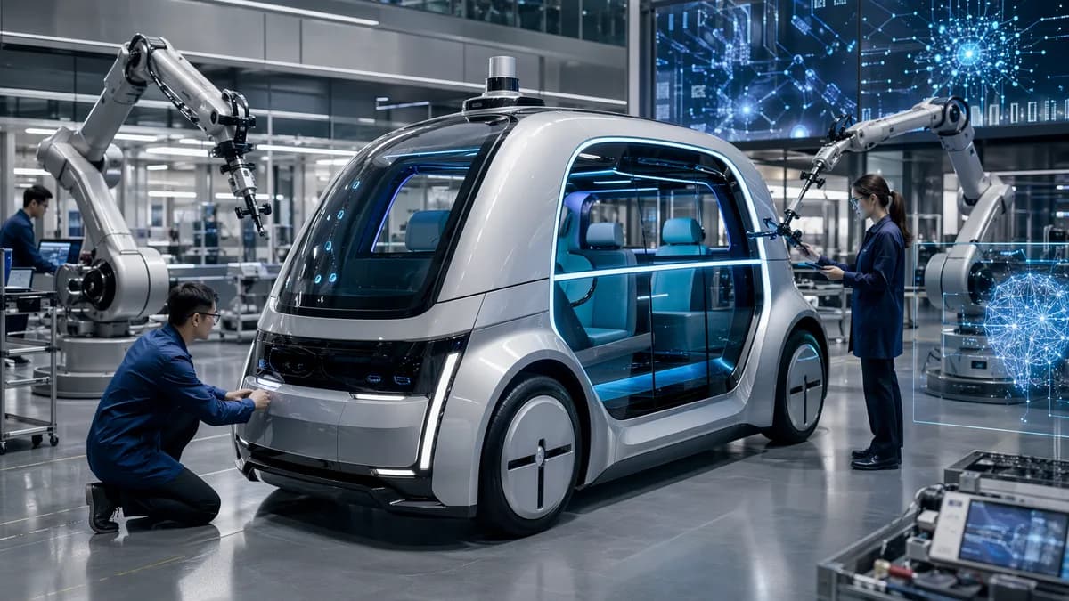 Futuristic autonomous robotaxi being refined in a high-tech mobility lab with AI systems.