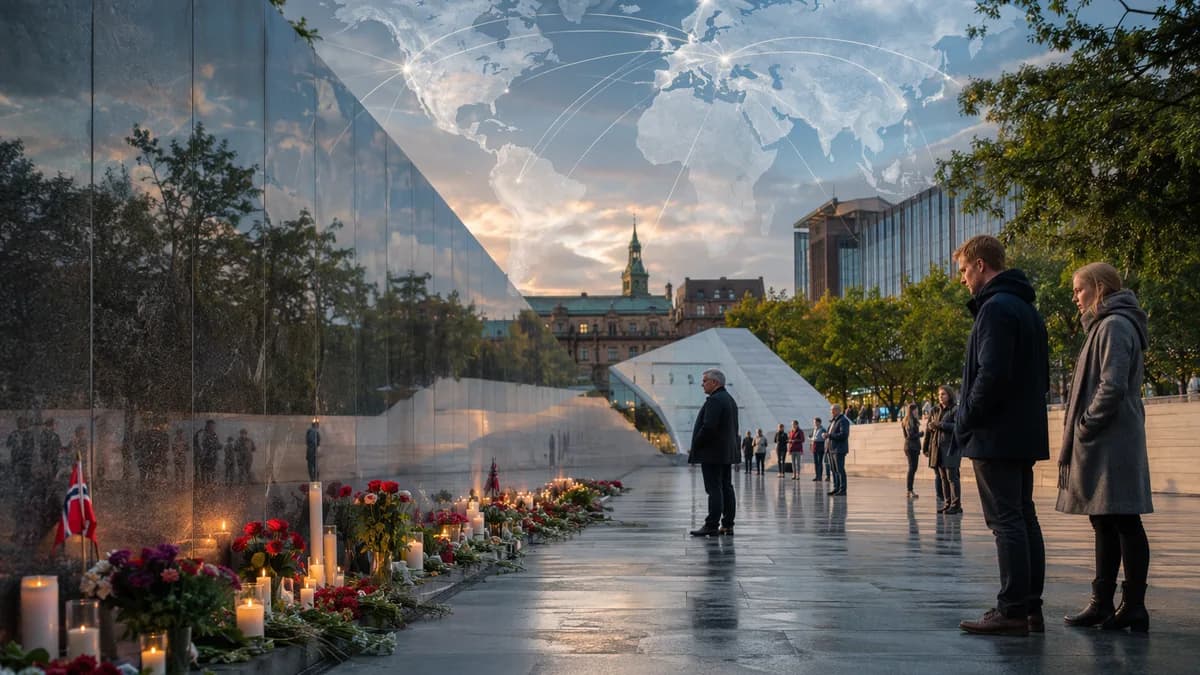 Solemn Oslo memorial with candles, flowers, visitors, and subtle global map connections.