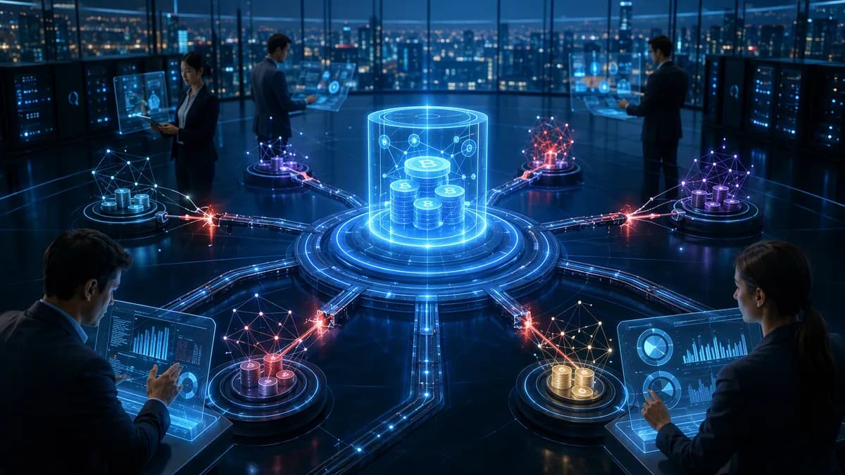 Futuristic DeFi hub with six dim blockchain links being disconnected amid cost analysis.