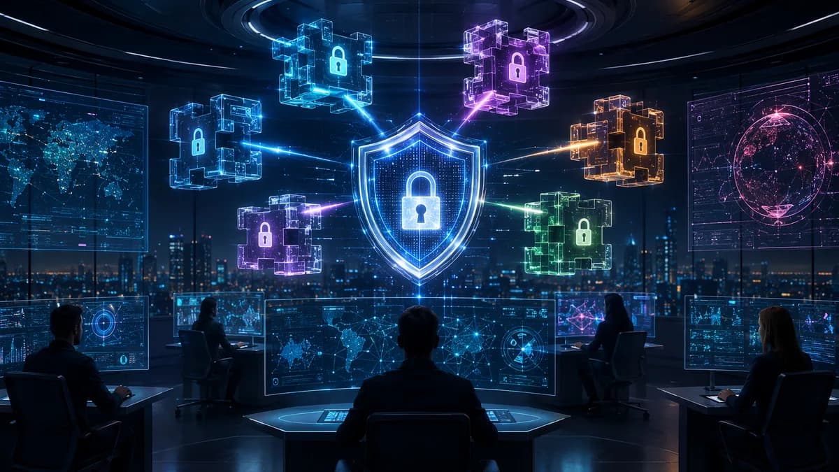 Futuristic modular cybersecurity hub with glowing shield, locks, and protected data streams