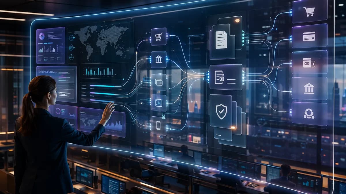Modern payment operations dashboard with glowing transaction flows in a sleek fintech control room