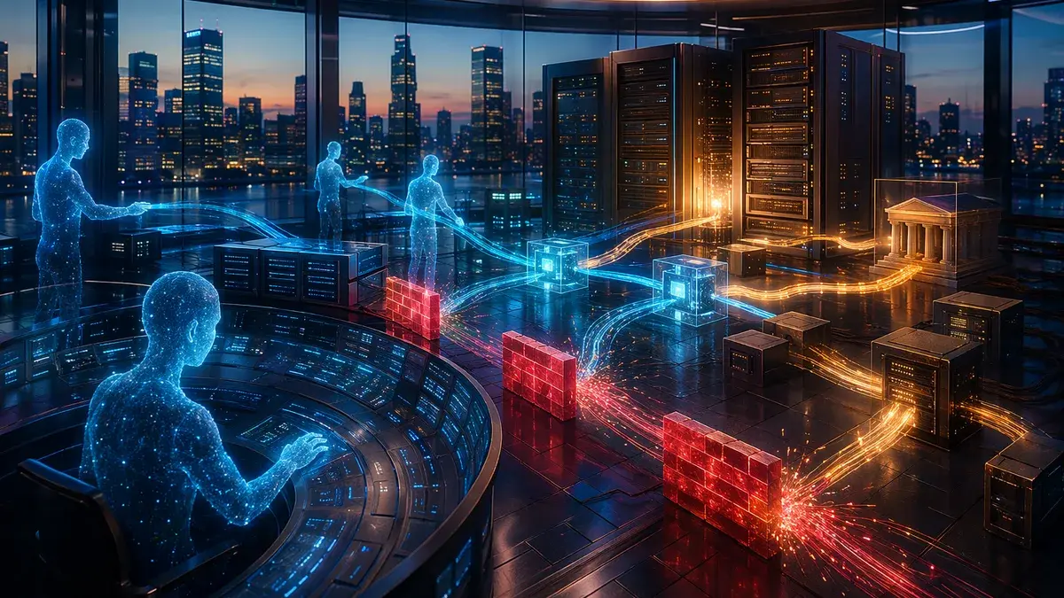 AI agents navigating fragmented B2B payment infrastructure in a futuristic finance operations hub.