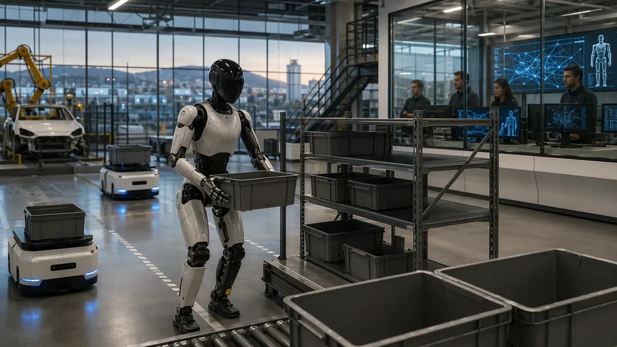 Humanoid warehouse robot training in a sleek Fremont robotics hub near an EV factory campus.