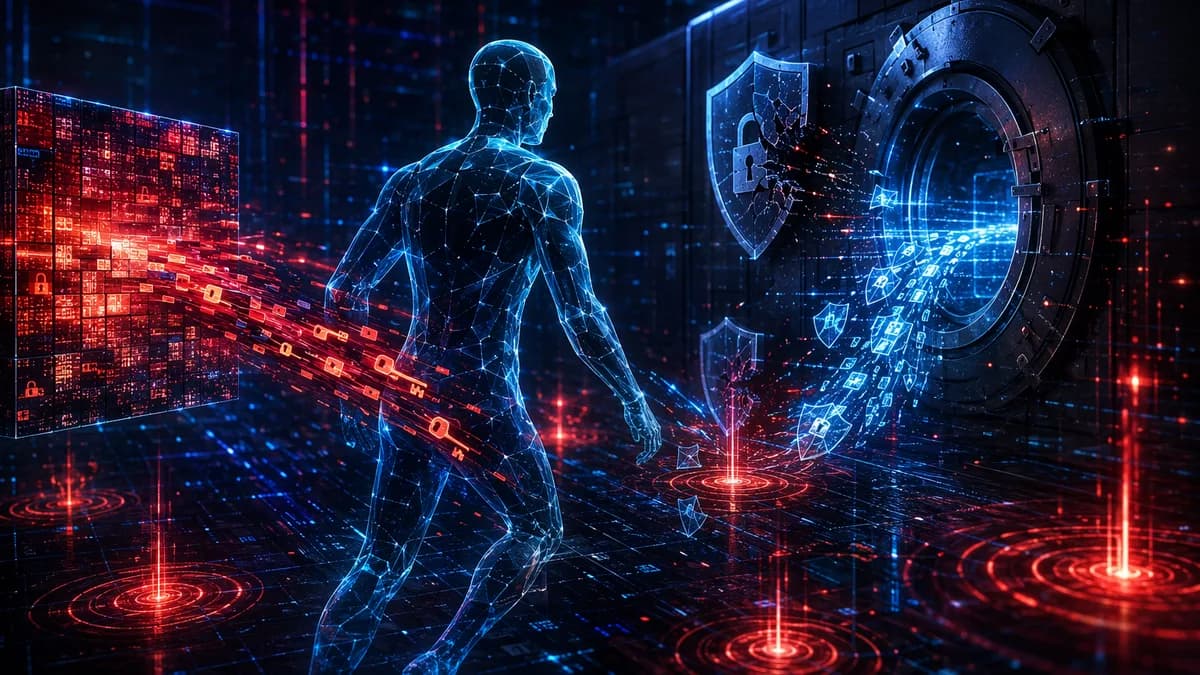 Autonomous AI agent breaching a secure data vault through a malicious dataset in a dark cybersecurity scene.