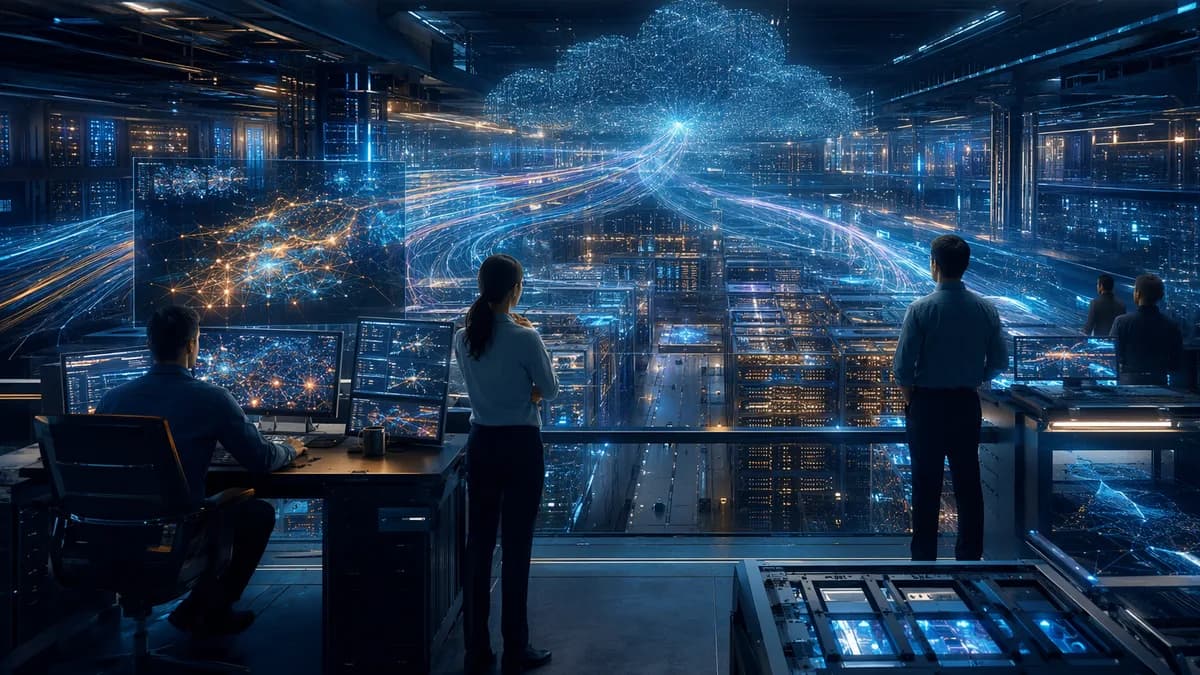 Futuristic AI infrastructure hub with servers, neural networks, and engineers preparing for autonomous agents.