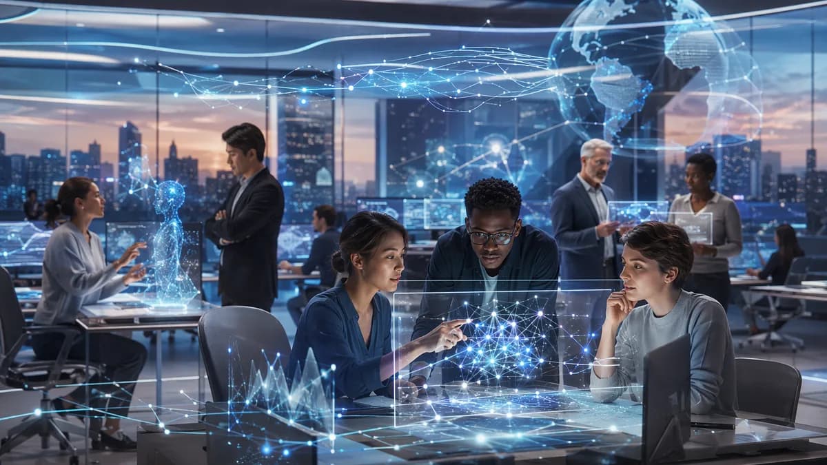 Teams collaborate with AI networks in a futuristic workspace, emphasizing workflow transformation.
