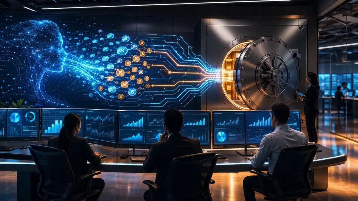Finance team monitors abstract AI cost flows in a futuristic tech operations room.