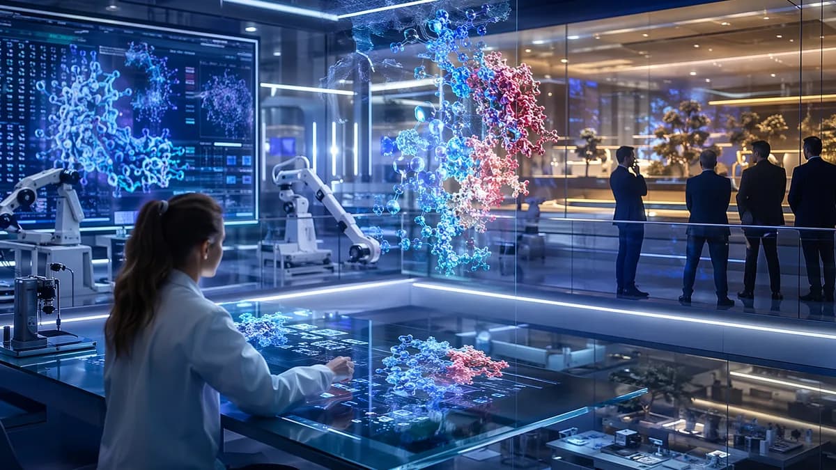 AI drug discovery lab with researcher, molecular holograms, neural networks, and investor silhouettes